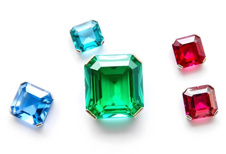 Vivid Gems Asscher Cut Sapphire, Emerald, and Ruby Display